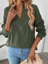 Perfee Textured Notched Long Sleeve Blouse - Trendsi - Flyclothing LLC