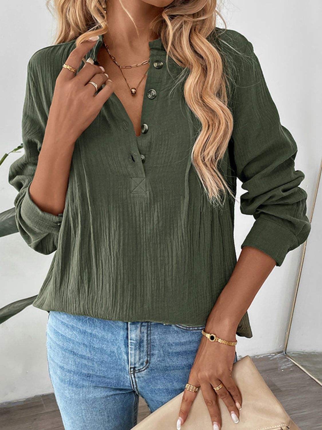 Perfee Textured Notched Long Sleeve Blouse - Trendsi - Flyclothing LLC