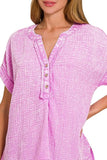 Zenana Washed Double Gauze 3/4 Button Henley Neck Shirt - Trendsi