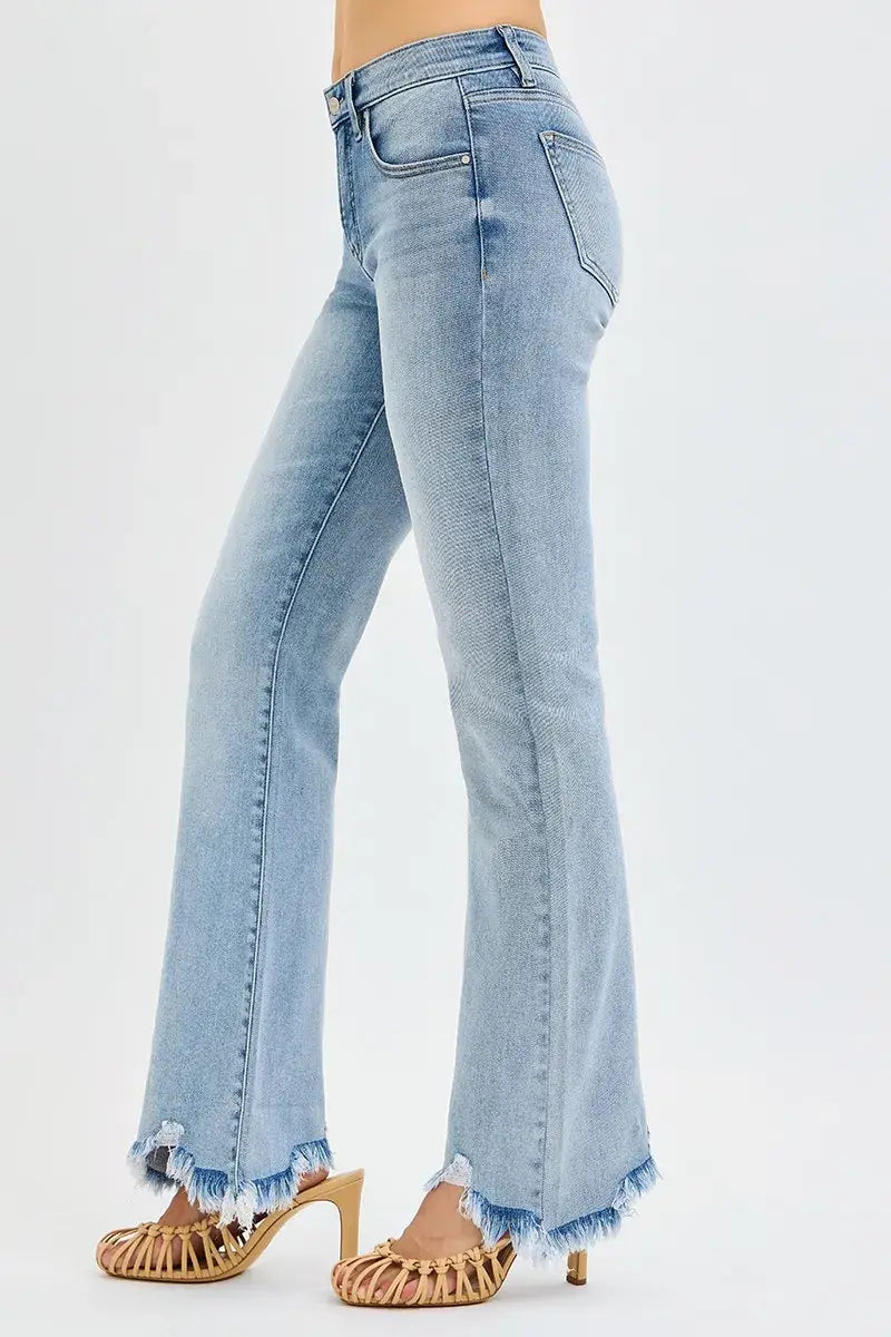 RISEN Full Size Tummy Control Mid Rise Flare Jeans with Fray Hem Detailed Plus Size - Trendsi - Flyclothing LLC