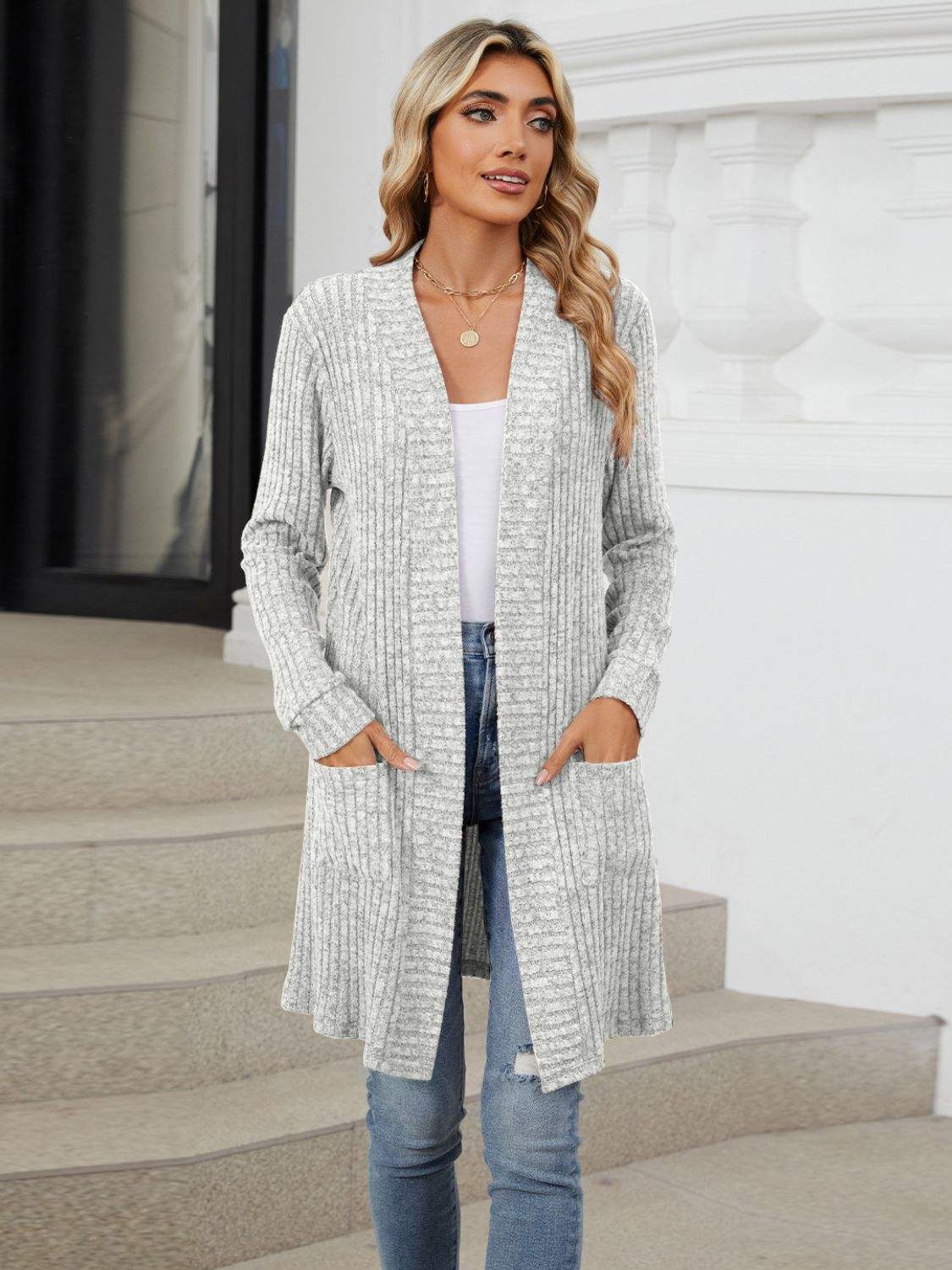 Open Front Long Sleeve Cardigan - Trendsi - Flyclothing LLC