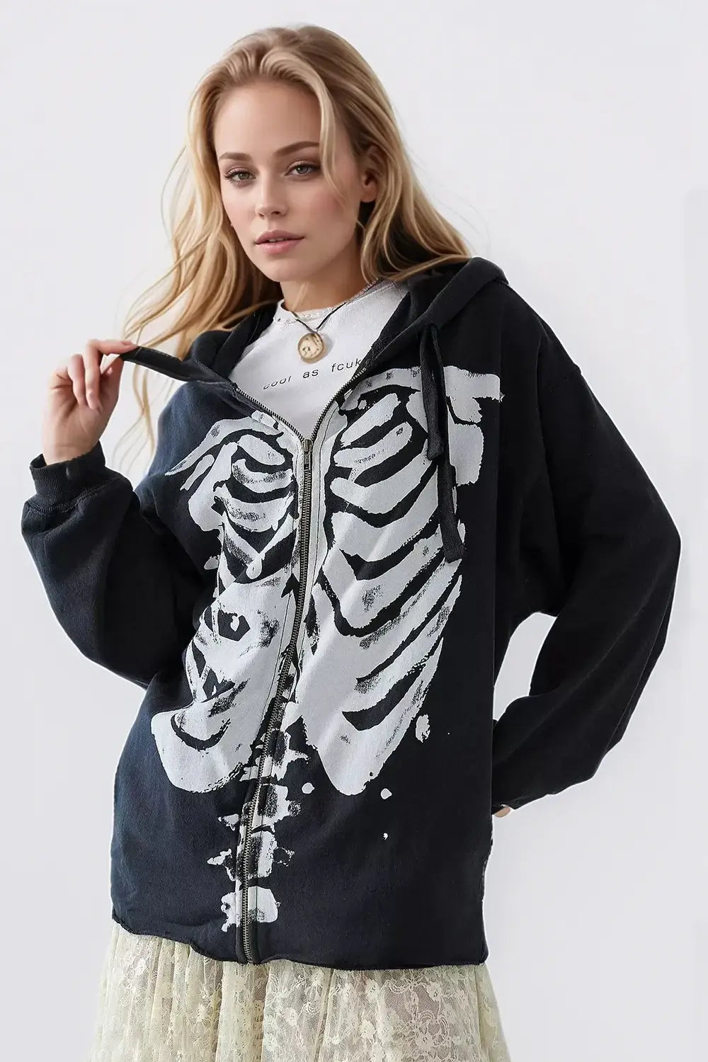 Skeleton Zip Up Drawstring Hoodie - Trendsi - Flyclothing LLC