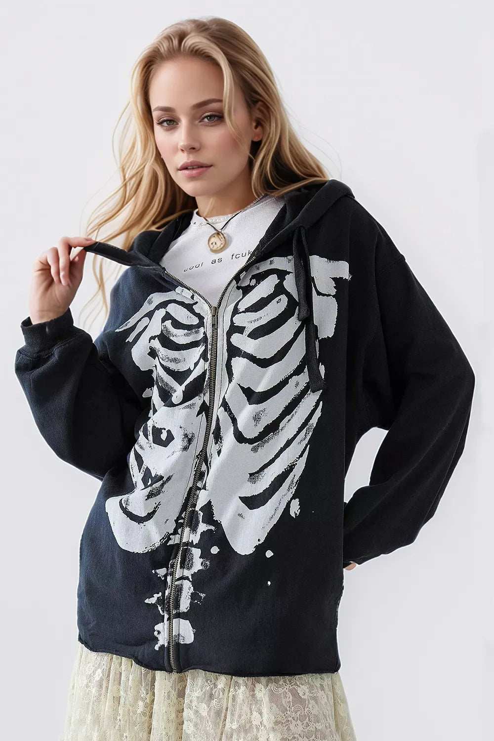 Skeleton Zip Up Drawstring Hoodie - Trendsi - Flyclothing LLC