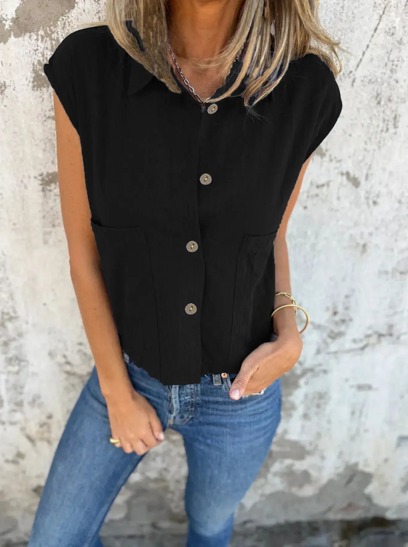 Full Size Button Down Cap Sleeve Linen Shirt Plus Size - Trendsi - Flyclothing LLC
