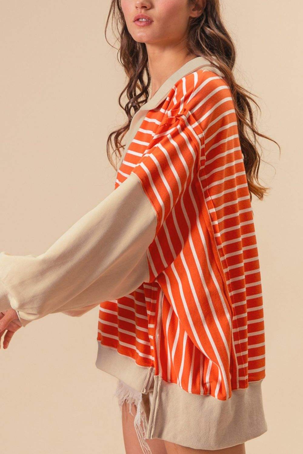 Striped Johnny Collar Long Sleeve Sweatshirt - Trendsi - Flyclothing LLC