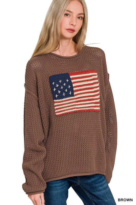 Zenana American Flag Crew Neck Sweater - Trendsi - Flyclothing LLC
