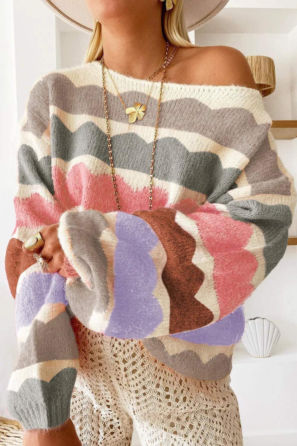 Boat Neck Long Sleeve Sweater - Trendsi - Flyclothing LLC