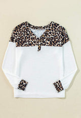 Waffle-Knit Leopard V-Neck Long Sleeve Blouse - Trendsi - Flyclothing LLC