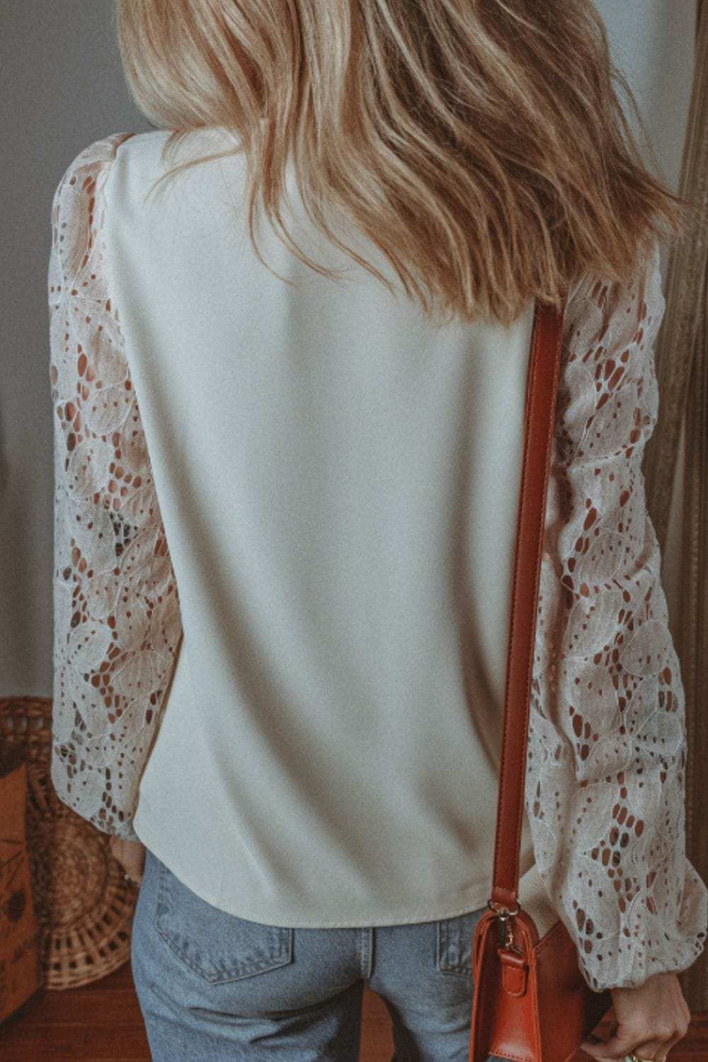 V Neck Lace Balloon Sleeve Blouse - Trendsi - Flyclothing LLC