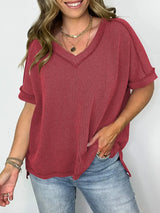 Cord Ribbed V-Neck Short Sleeve T-Shirt - Trendsi - Flyclothing LLC