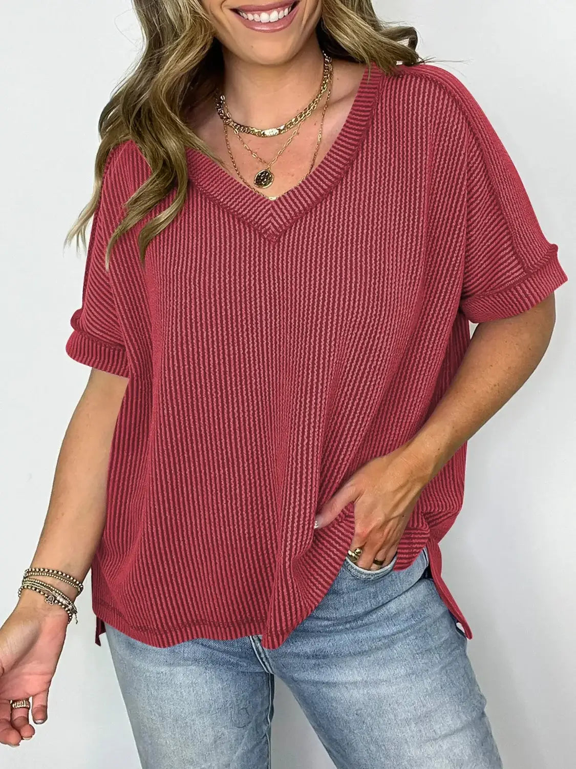 Cord Ribbed V-Neck Short Sleeve T-Shirt - Trendsi - Flyclothing LLC