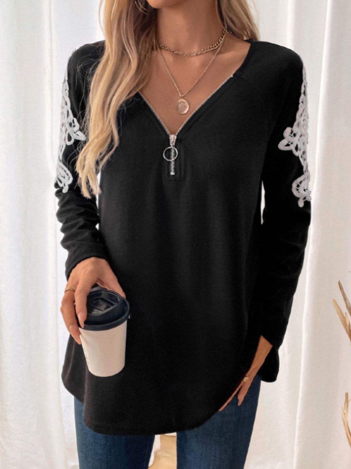 Perfee Lace Detail Quarter Zip Long Sleeve Top - Trendsi - Flyclothing LLC