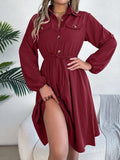 Collared Neck Long Sleeve Dress with Pockets - Trendsi - Flyclothing LLC