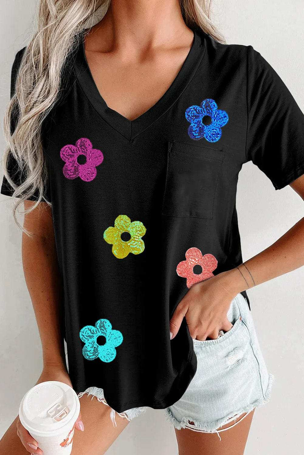 Sequin Flower V-Neck Short Sleeve T-Shirt - Trendsi - Flyclothing LLC