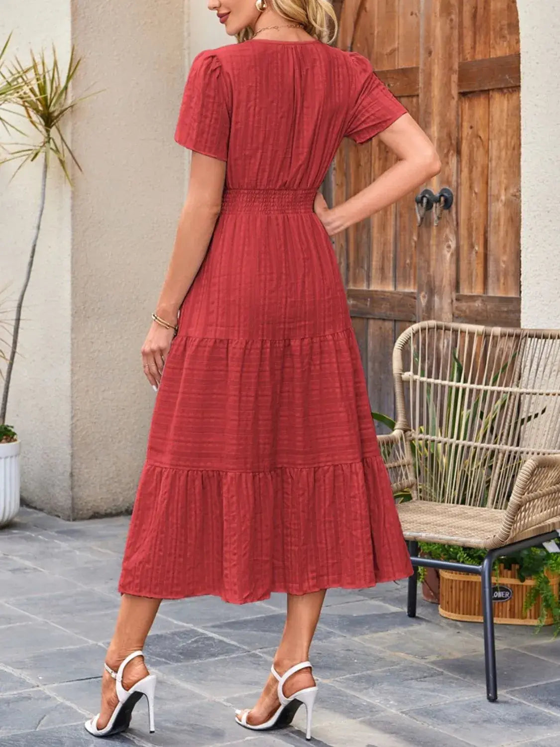Tiered Notched Short Sleeve Dress - Trendsi - Flyclothing LLC