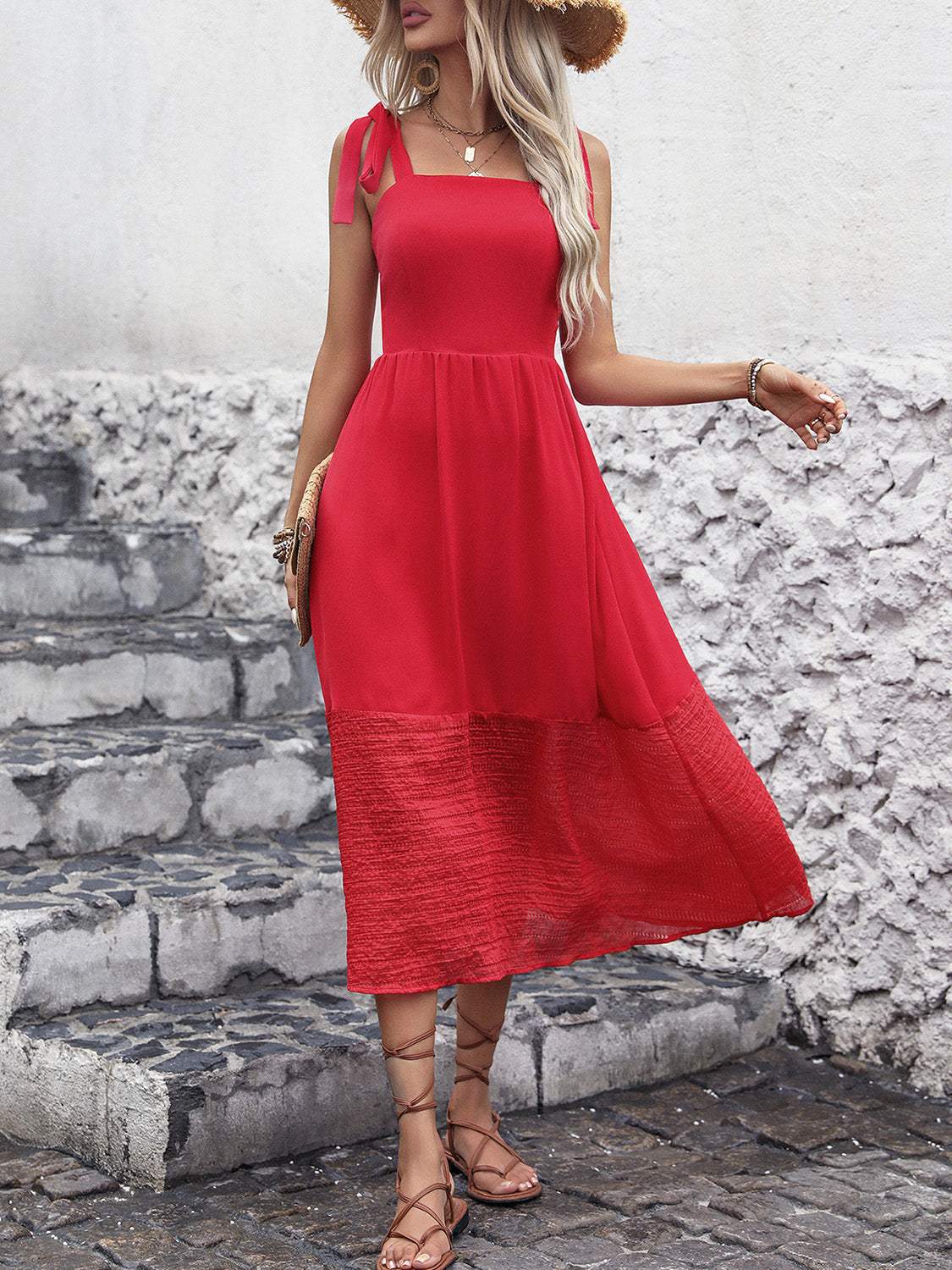 Tied Smocked Sleeveless Midi Dress - Trendsi - Flyclothing LLC
