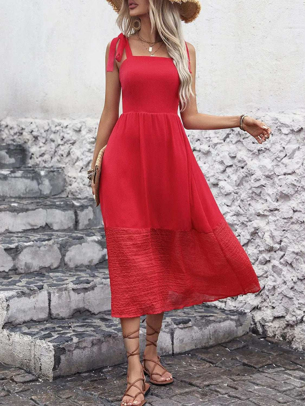 Tied Smocked Sleeveless Midi Dress - Trendsi - Flyclothing LLC