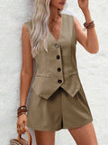 V-Neck Button Down Vest and Shorts Set - Trendsi - Flyclothing LLC