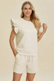 Double Take Full Size Texture Round Neck Ruffle Sleeve Top and Shorts Set - Trendsi - Flyclothing LLC