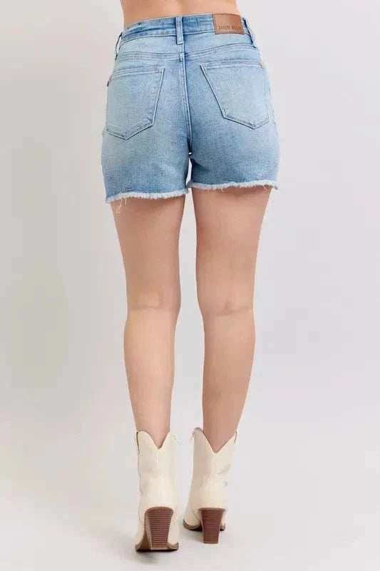 Judy Blue Full Size High Waist Western Embroidery Detail Cut Off Denim Shorts Plus Size - Trendsi - Flyclothing LLC