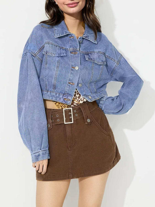 Collared Neck Dropped Shoulder Cropped Denim Top - Trendsi - Flyclothing LLC