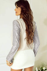 Sequin V-Neck Long Sleeve Blouse - Trendsi - Flyclothing LLC