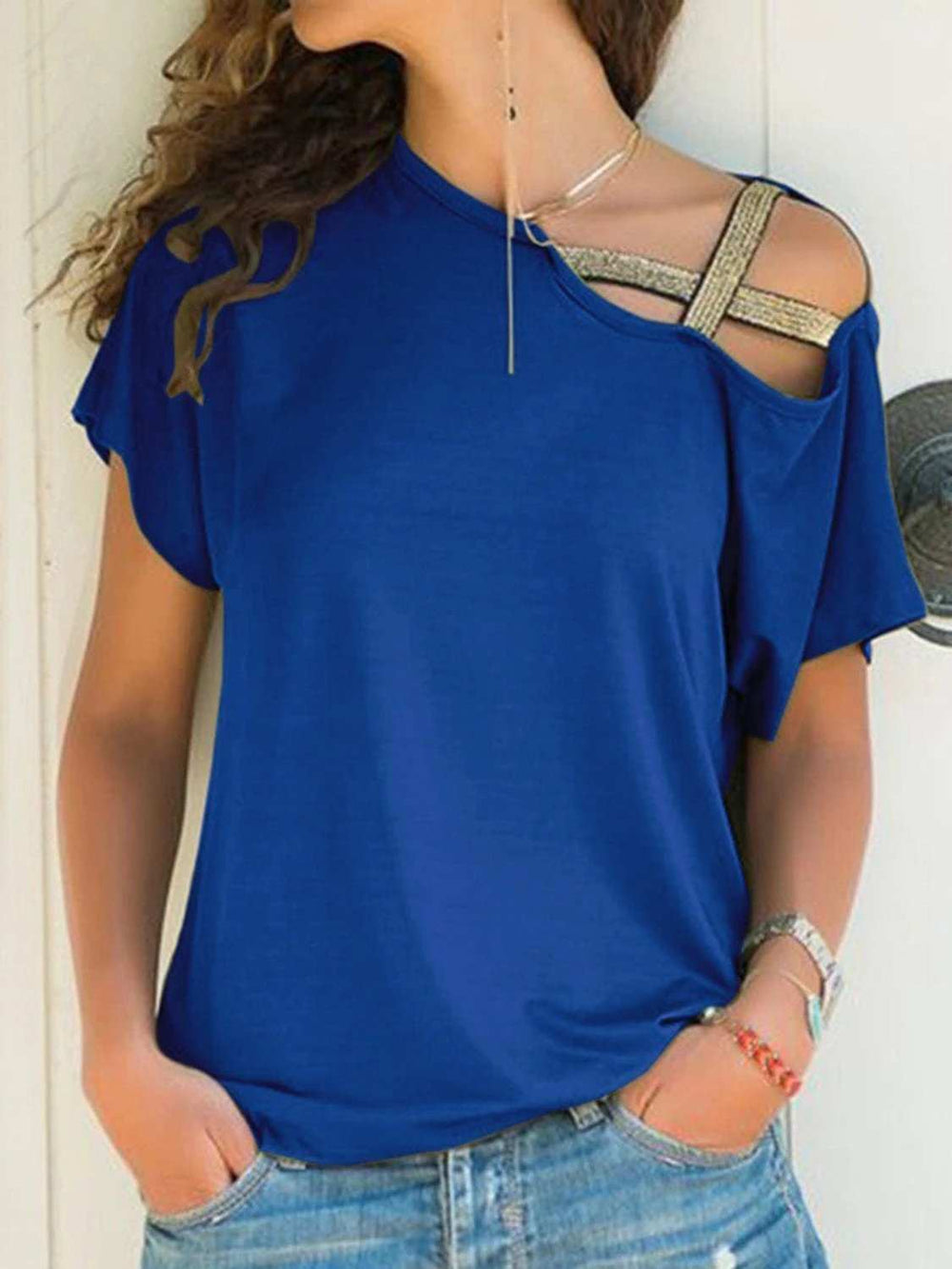Asymmetrical Neck Short Sleeve T-Shirt - Trendsi - Flyclothing LLC
