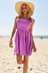 Davi & Dani Smocking Halter Neck Tie Open Back Mini Dress - Trendsi - Flyclothing LLC
