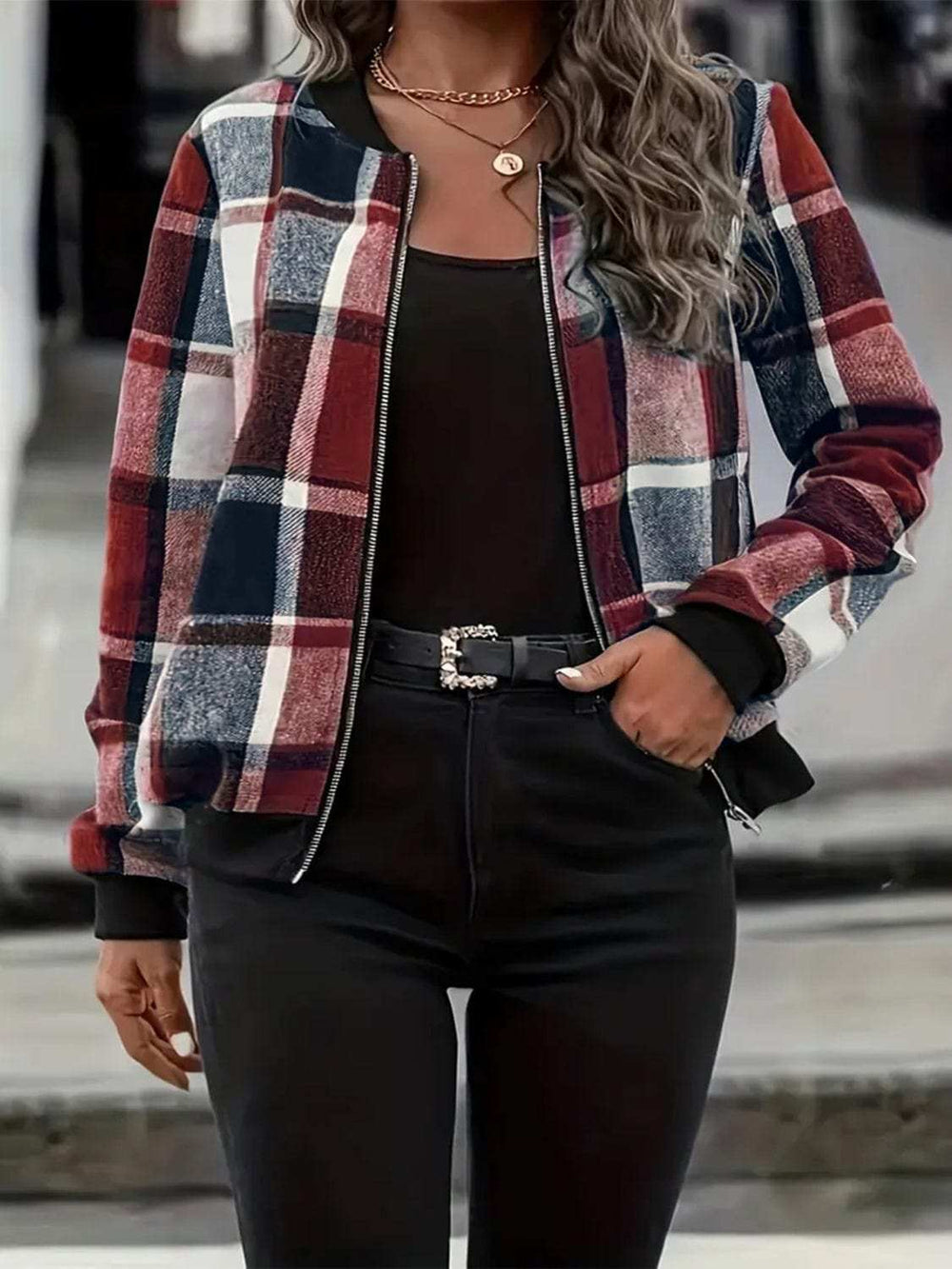 Plus Size Plaid Baseball Collar Zip Up Jacket - Trendsi - Flyclothing LLC
