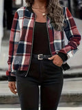 Plus Size Plaid Baseball Collar Zip Up Jacket - Trendsi - Flyclothing LLC