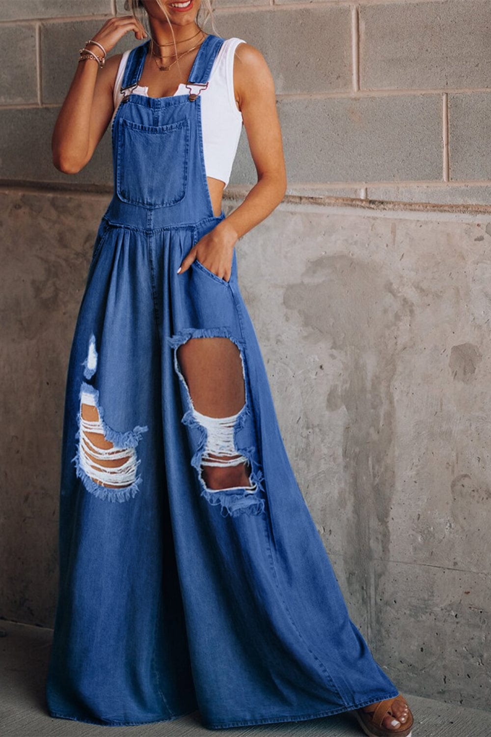 Distressed Wide Leg Denim Overalls - Trendsi