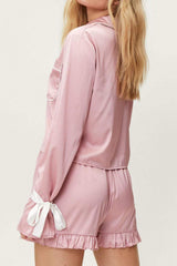 Basic Bae Tied Cuff Collared Neck Top and Frill Shorts Lounge Set - Trendsi - Flyclothing LLC