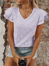 Eyelet V-Neck Ruffled Cap Sleeve Top - Trendsi - Flyclothing LLC