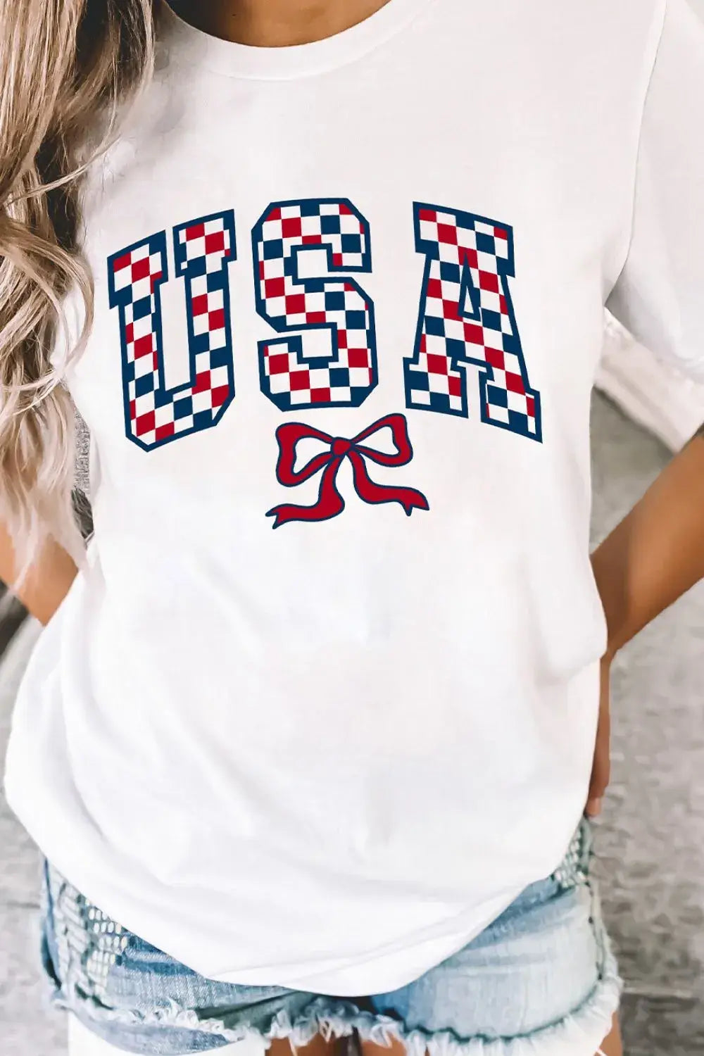 Checkered USA Graphic Round Neck Tee - Trendsi - Flyclothing LLC