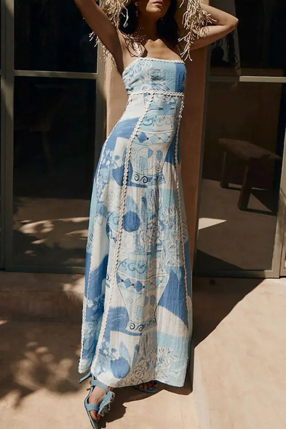 Cutout Back Printed Square Neck Maxi Dress - Trendsi - Flyclothing LLC