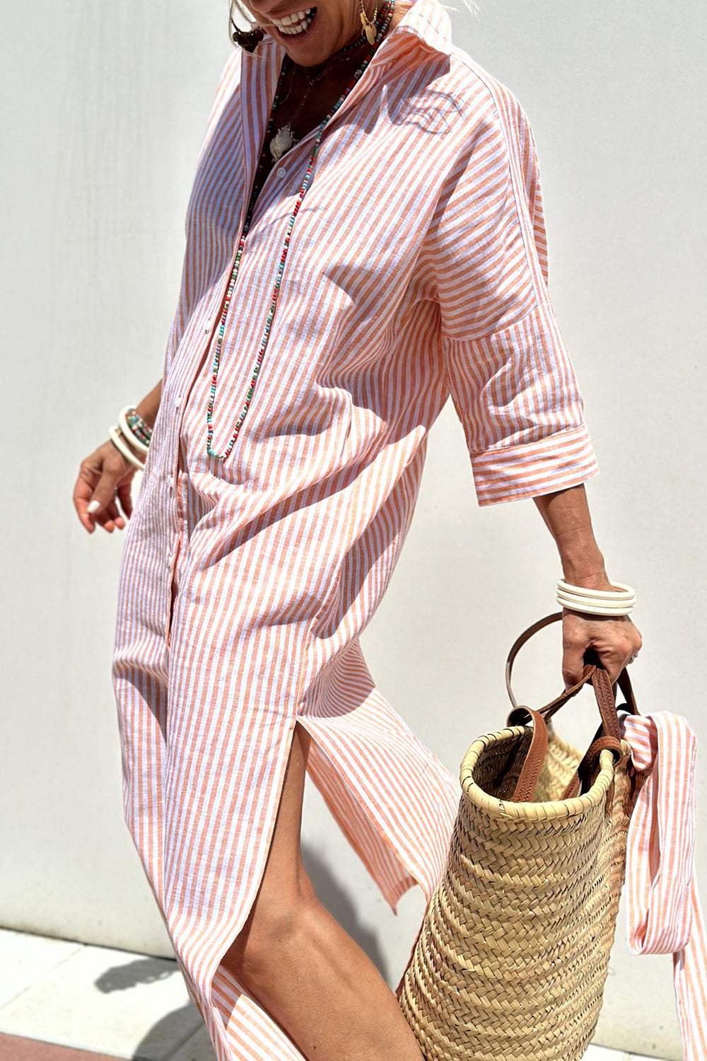 Tied Button Up Three-Quarter Sleeve Dress - Trendsi - Flyclothing LLC