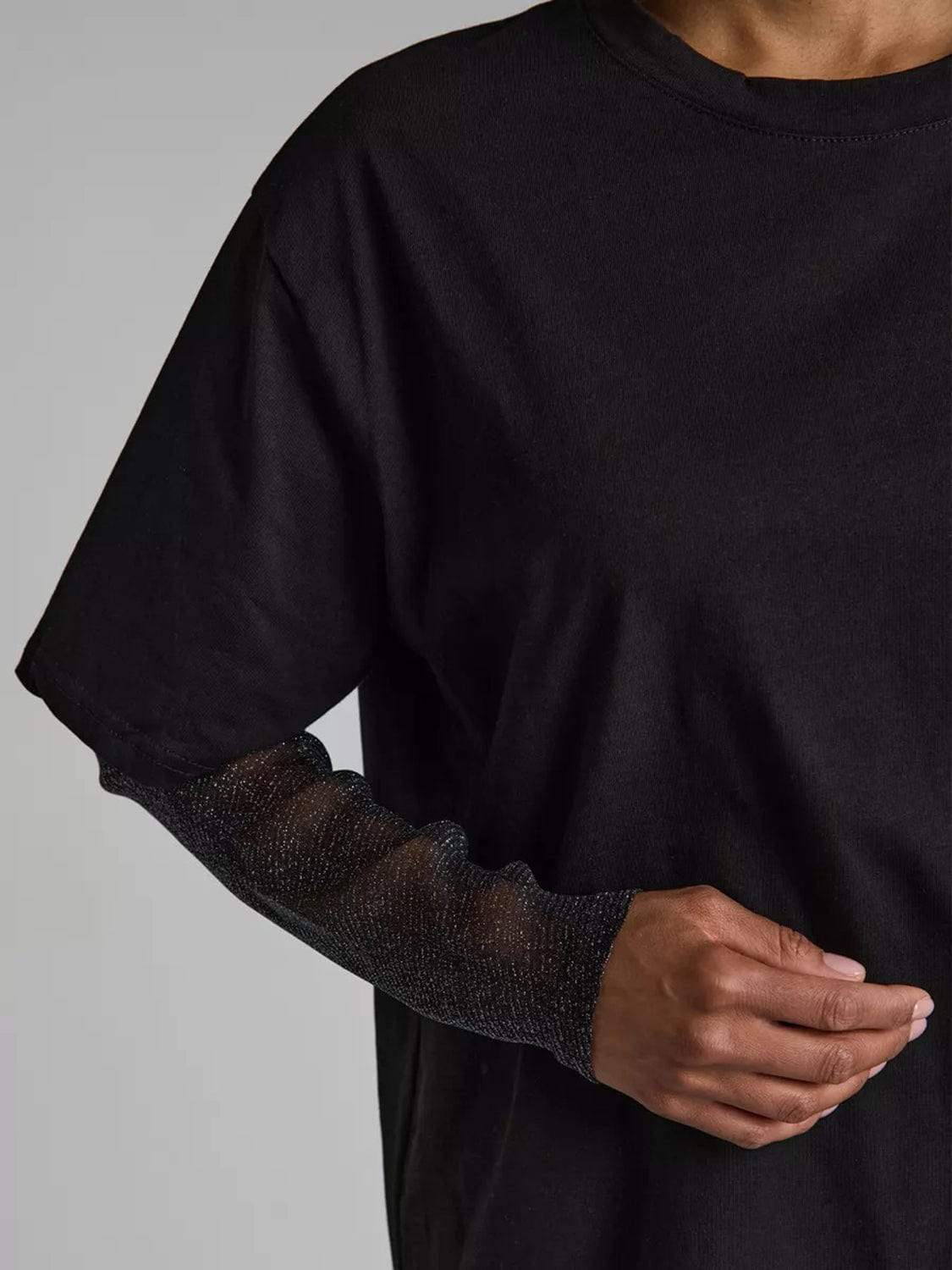 Faux Layered Round Neck Mesh Sleeve Top - Trendsi - Flyclothing LLC