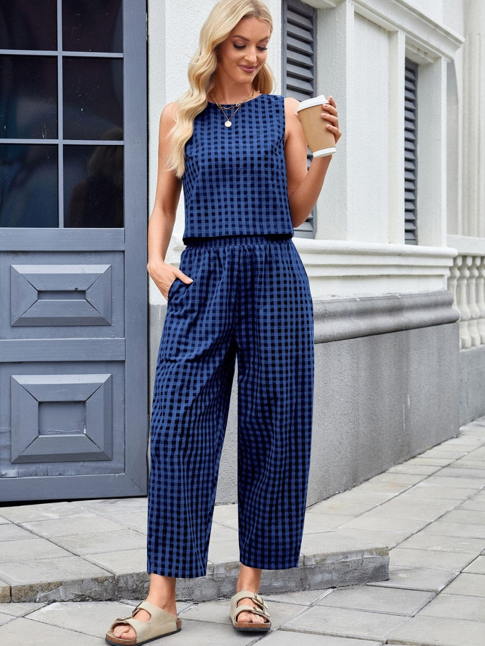 Plaid Sleeveless Top and Pants Set - Trendsi