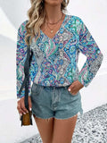 Printed V-Neck Long Sleeve Blouse - Trendsi - Flyclothing LLC