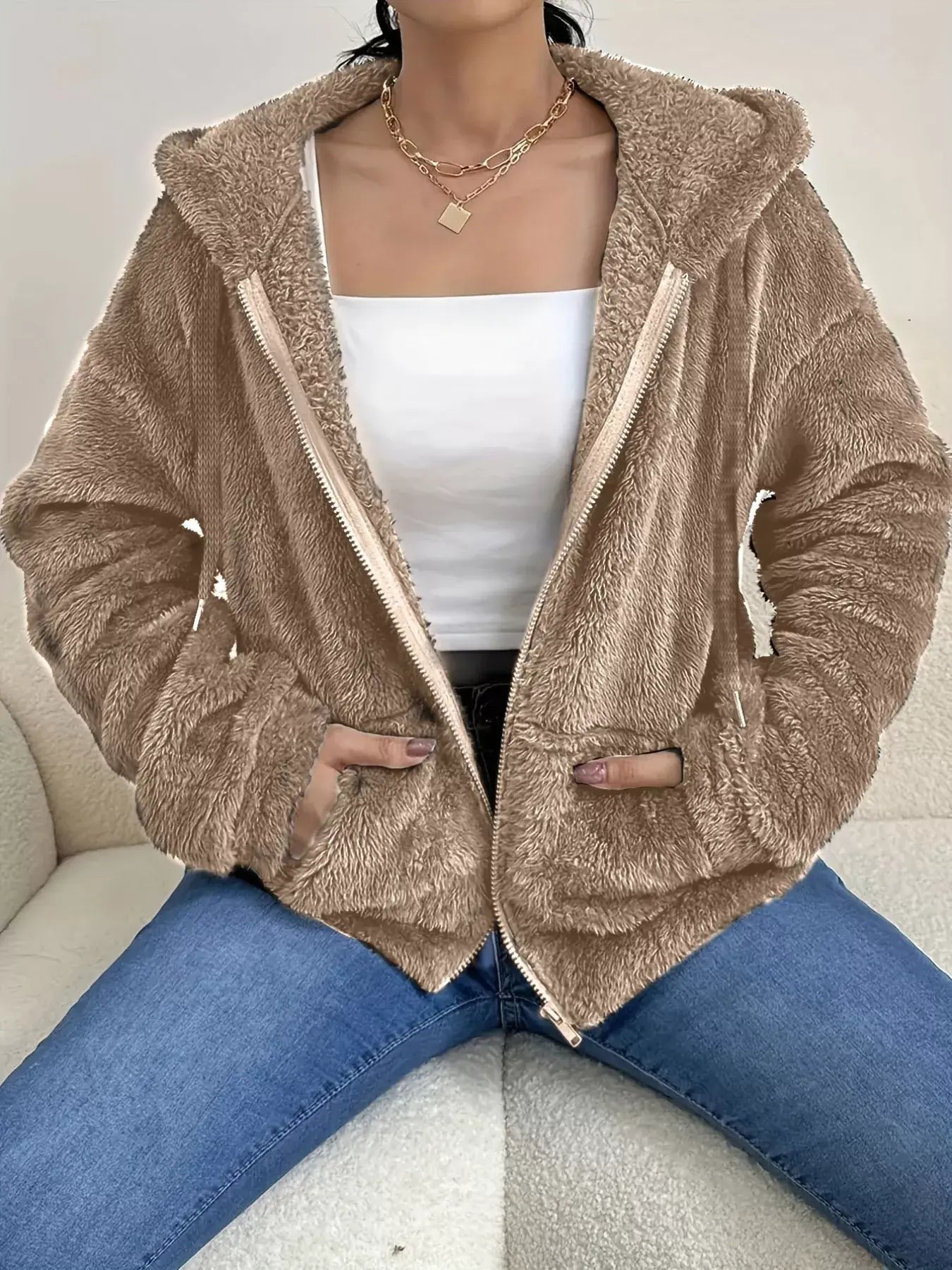 Drawstring Fleece Zip-Up Outerwear - Trendsi - Flyclothing LLC