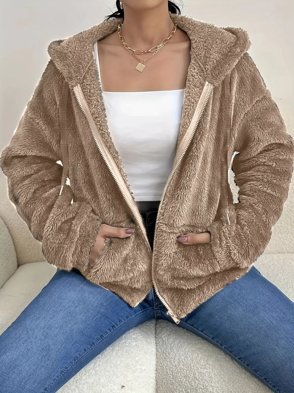 Drawstring Fleece Zip-Up Outerwear - Trendsi - Flyclothing LLC