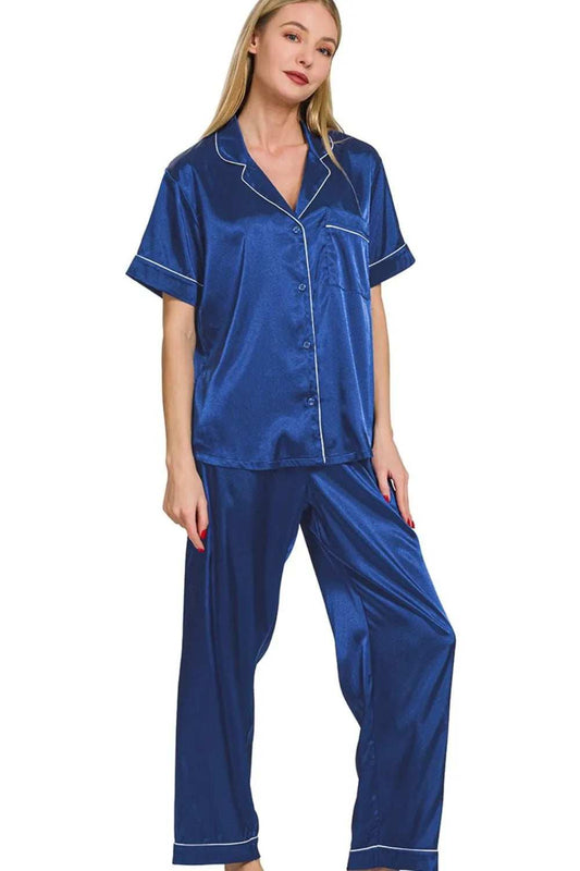 Zenana Satin Short Sleeve Top and Pants Pajama Set - Trendsi - Flyclothing LLC