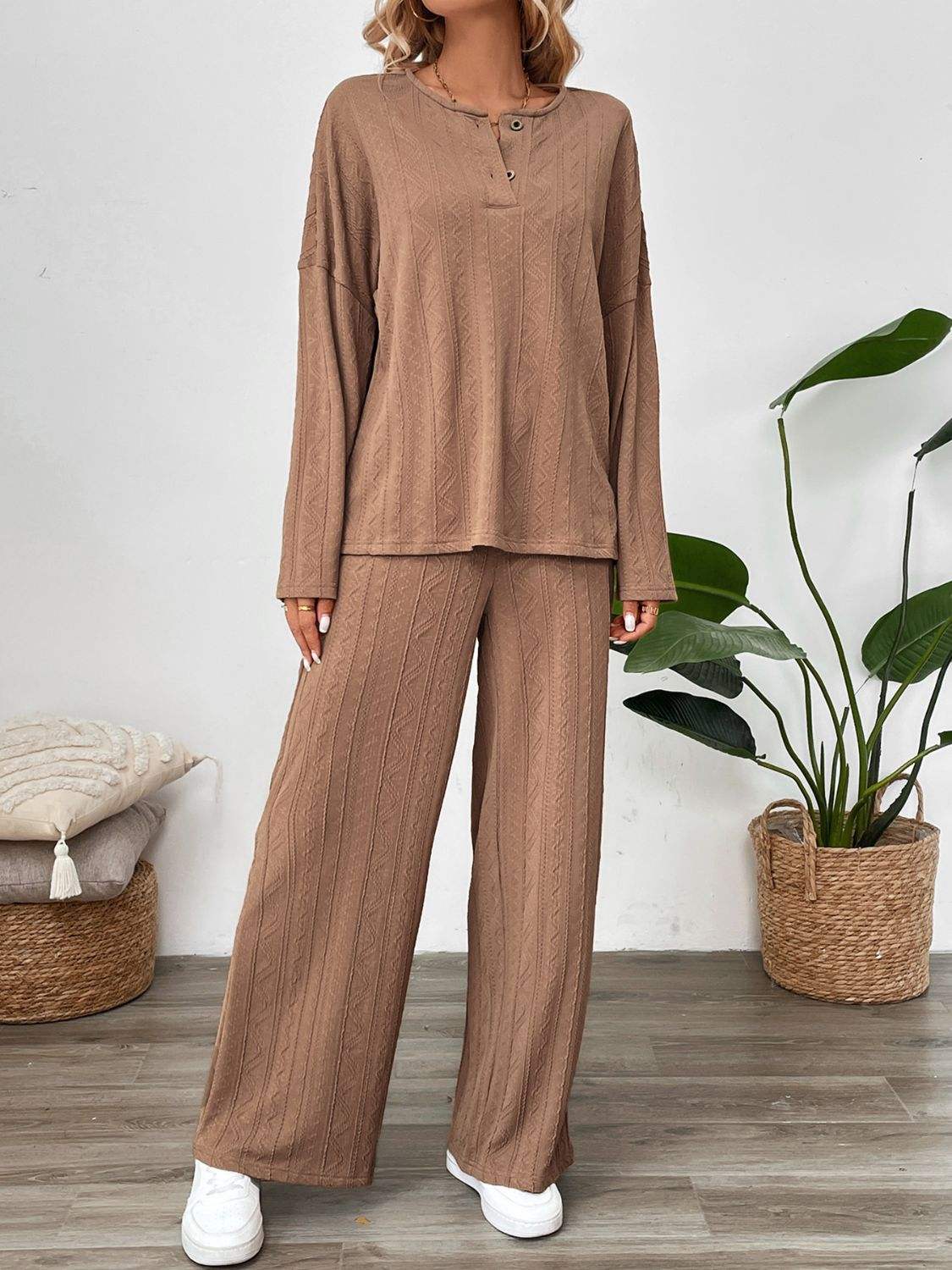 Perfee Quarter Button Long Sleeve Top and Pants Set - Trendsi - Flyclothing LLC