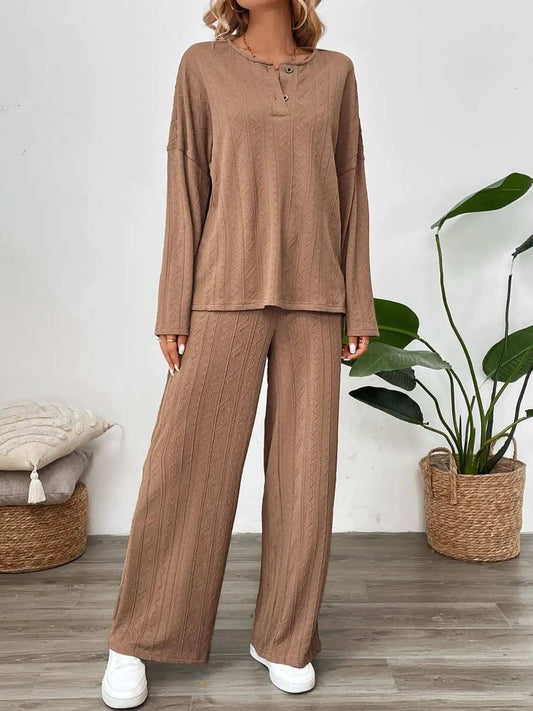 Perfee Quarter Button Long Sleeve Top and Pants Set - Trendsi - Flyclothing LLC