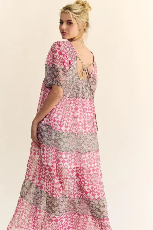 Davi & Dani Multi Floral Square Neck Puff Sleeve Maxi Dress - Trendsi - Flyclothing LLC