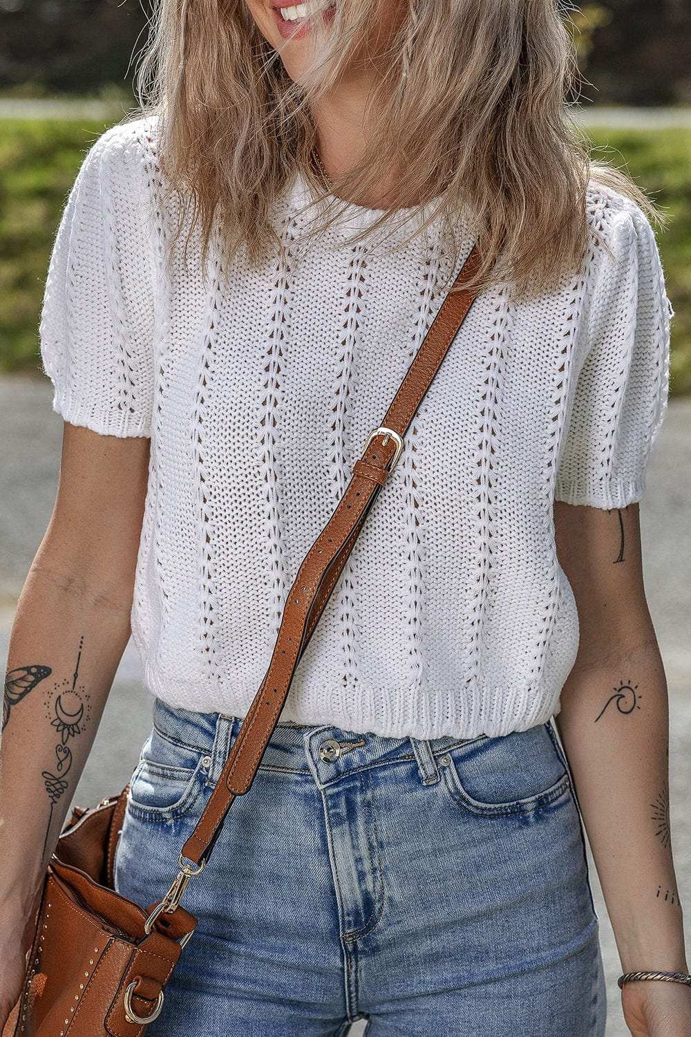 Openwork Round Neck Short Sleeve Knit Top - Trendsi - Flyclothing LLC