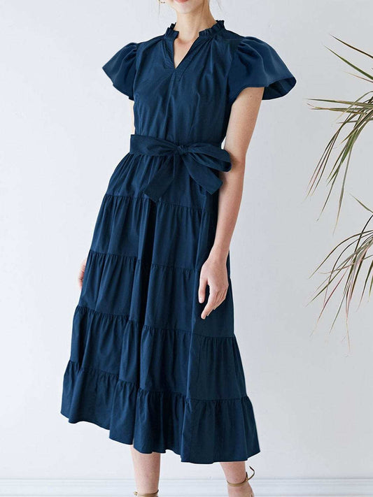 Ruched Tiered Notched Short Sleeve Dress - Trendsi - Flyclothing LLC