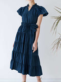 Ruched Tiered Notched Short Sleeve Dress - Trendsi