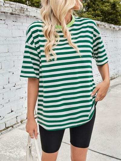 Lovelet Striped Round Neck Half Sleeve T-Shirt - Trendsi - Flyclothing LLC