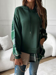 Devine Drawstring Plaid Long Sleeve Hoodie - Trendsi